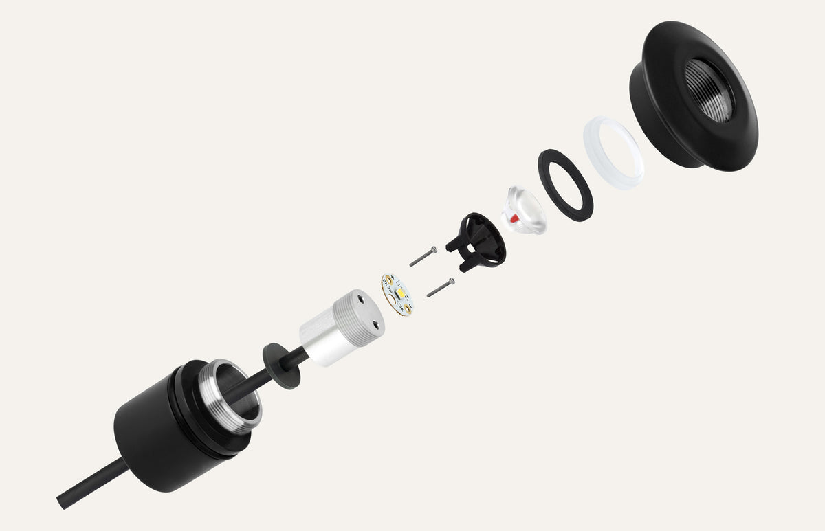 Exploded view of a Light Visuals fitting showing its modular components